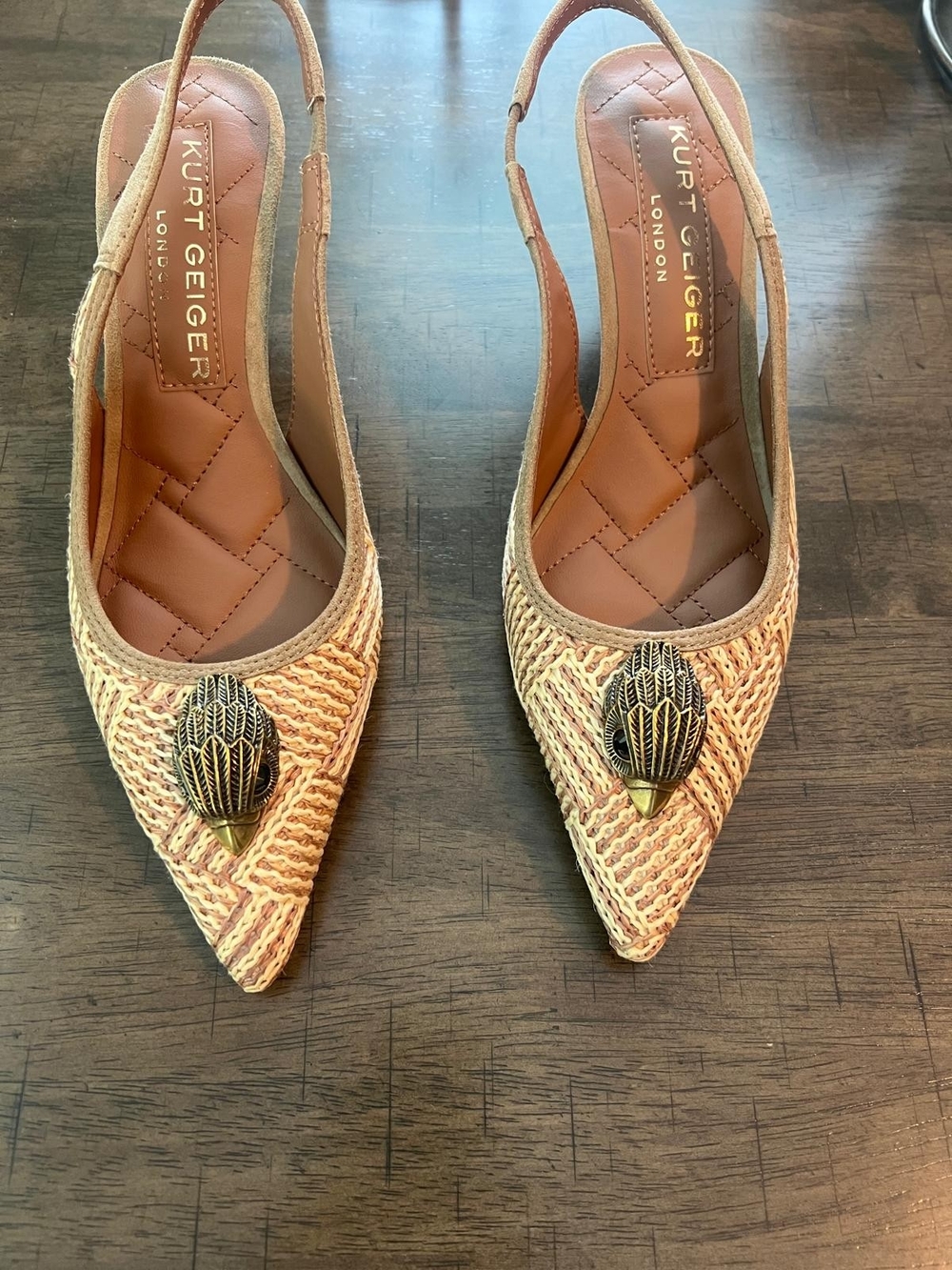 Kurt Geiger Beige Raffia Pointed Slingback Mules with Gold Beetle Accent
